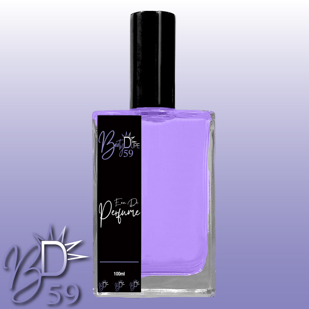 A rectangular glass bottle with a black cap holds a light purple liquid. The bottle displays a black label with white text that reads, "BOOTY DUPE Eau De Perfume, 100ml." The background transitions from white to light purple and features a "BD 59" logo in the corner. This tropical fragrance promises a long-lasting scent.