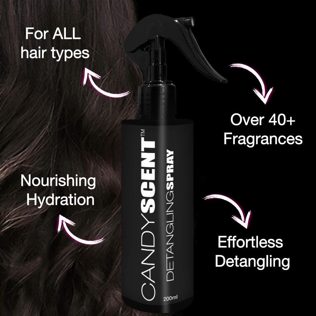 A black spray bottle labeled "CANDYSCENT™ Hair Detangling Spray" for all hair types offers nourishing hydration with aloe vera and jojoba oil. Available in over 40 fragrances, it provides effortless detangling. The background features a close-up of wavy hair, and the bottle contains 200ml.