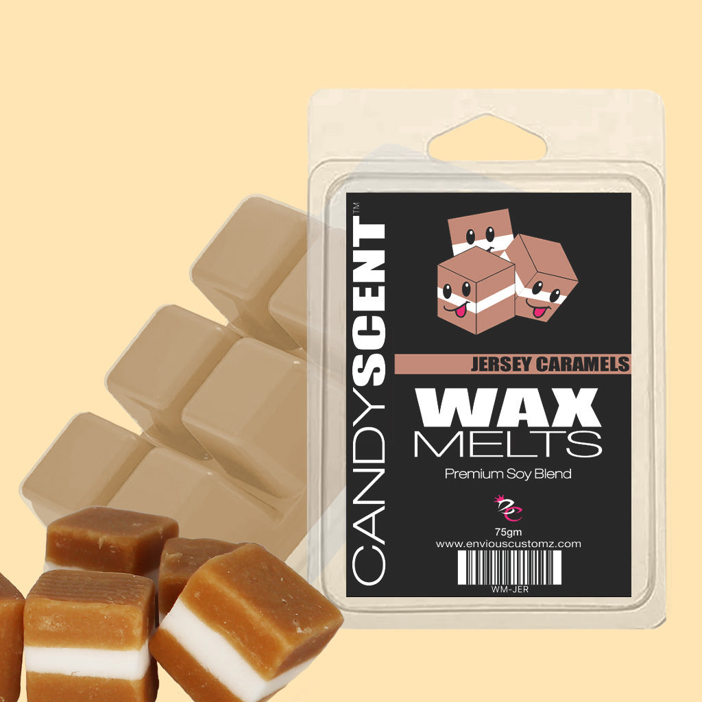 A package of CANDYSCENT™ Wax Melts, featuring caramel designs, is accompanied by caramel-colored wax cubes. This aromatic heaven is placed against a gentle yellow background, providing an inviting scent that enhances any environment.