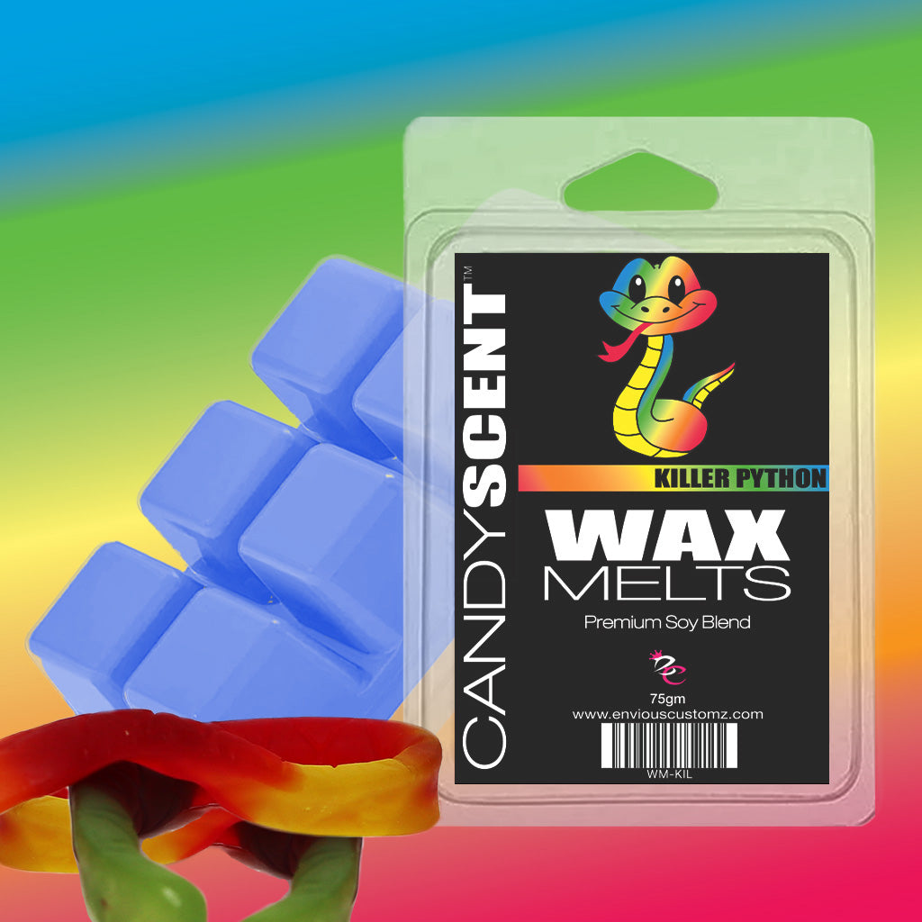 The CANDYSCENT™ Wax Melts packaging for "Killer Python" showcases a striking label with a cartoon snake. Inside, blue wax cubes are presented alongside gummy snakes set against a vibrant rainbow gradient background, ensuring an aromatic escape with every use.