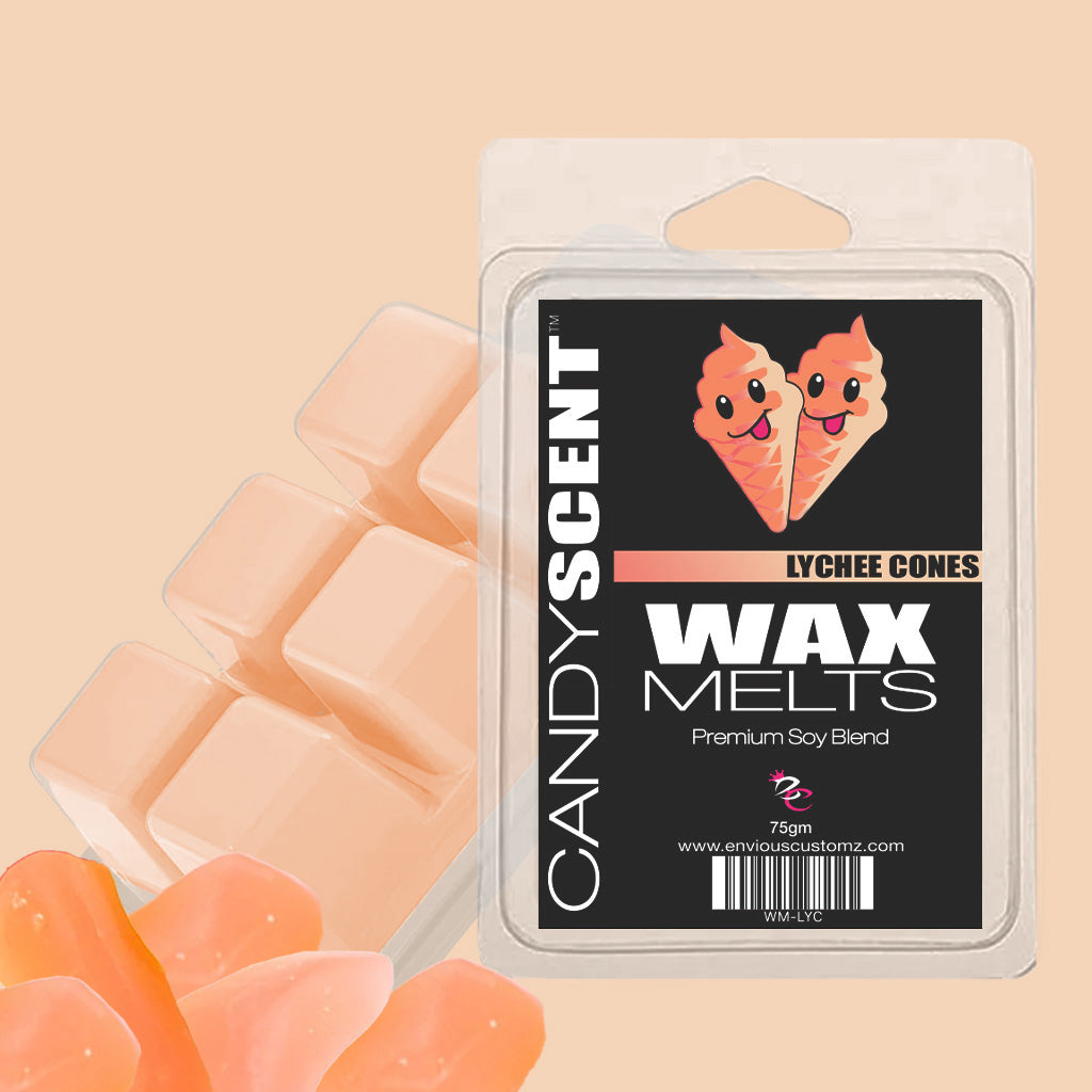 The packaging of CANDYSCENT™ Wax Melts in the "Lychee Cones" fragrance showcases a label with illustrations of two smiling ice cream cones. Nearby, wax cubes and lychee slices create a fragrant paradise that perfectly captures the fruity scent.