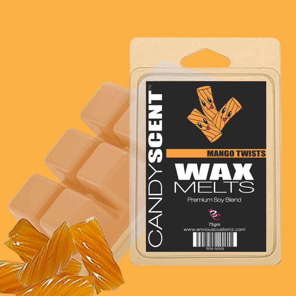The image displays a package labeled with the brand name "CANDYSCENT™" and features their Wax Melts in the "Mango Twists" scent. The translucent packaging showcases wax cubes accompanied by a black label. When melted, these wax cubes release an aroma reminiscent of mango candy, transforming the space into a fragrant paradise.