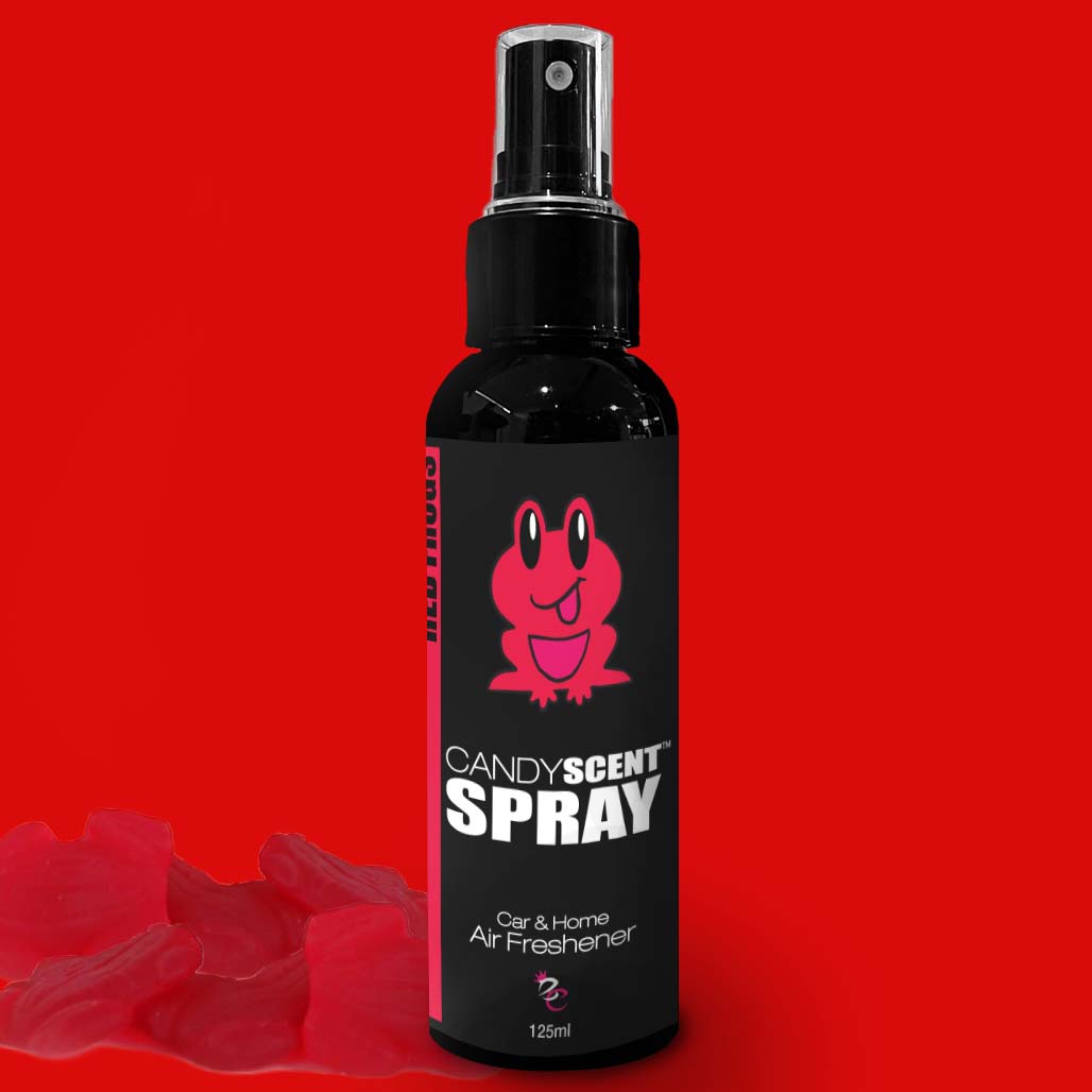 An image of a black spray bottle labeled "CANDYSCENT SPRAY" with a red, cartoonish smiling face on a red background. The label also reads "Car & Home Air Freshener" and specifies the bottle size as 125ml. Red candy shapes appear in the bottom left corner. CANDYSCENT™ Car & Home Scent Sprays deliver long-lasting fragrance.