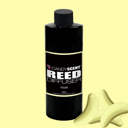 A black bottle labeled "Reed Diffusers & Refills, 200ml" with a pink CANDYSCENT™ logo sits against a light yellow background. Proudly Australian made, its long-lasting fragrance is complemented by three yellow banana-shaped objects placed at the bottom right corner of the image.