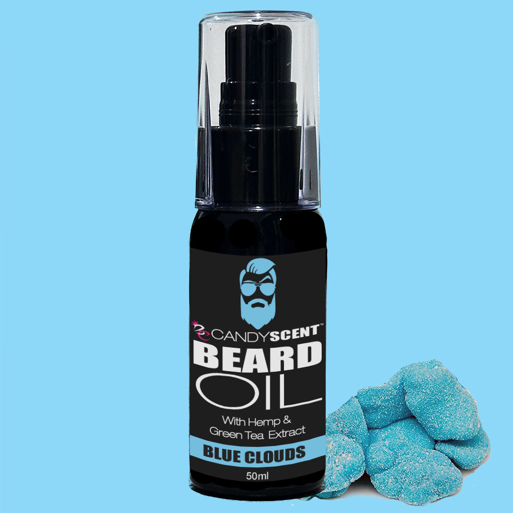 A 50ml bottle of CANDYSCENT™ Beard Oil, enriched with hemp and green tea extract and labeled 