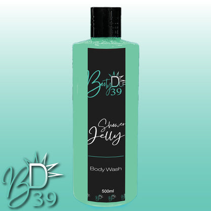 An image of a green bottle of BOOTY DUPE Shower Jelly Body Wash. The 500ml bottle, filled with nourishing body cleanser, features a black label with the product name written in white text.