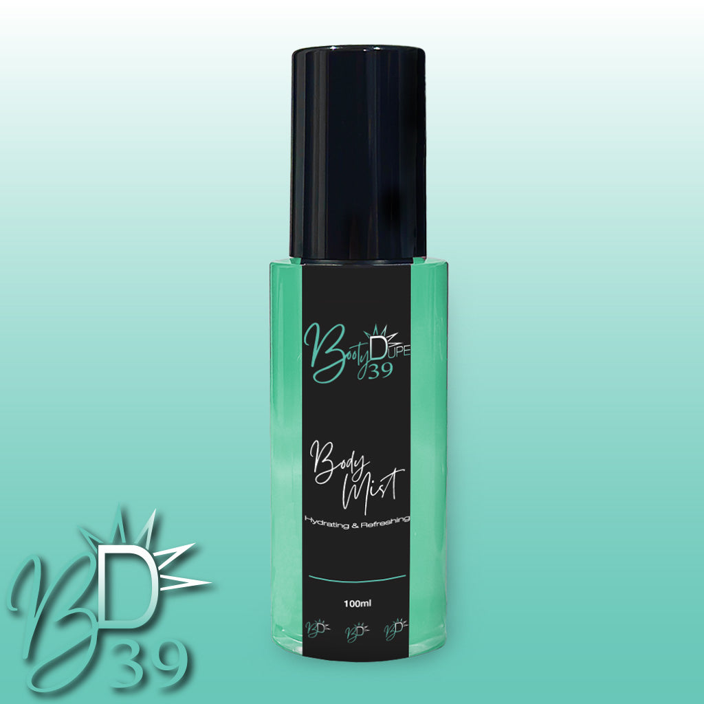 A 100ml bottle of BOOTY DUPE Hydrating Body Mist features a sleek black cap and a green-to-black gradient label. Positioned against a background transitioning from green to white, the BD39 logo is prominently displayed in the corner, offering a refreshing boost for your skin.