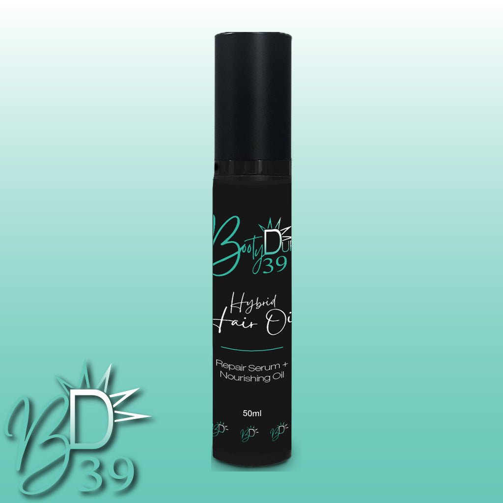 A black bottle labeled "Hybrid Hair Oil" from BOOTY DUPE, featuring green and white text. The bottle reads "Repair Serum + Nourishing Oil" and has a capacity of 50ml. The background displays a gradient of light to dark green, with the "BD 39" logo in the bottom left corner.