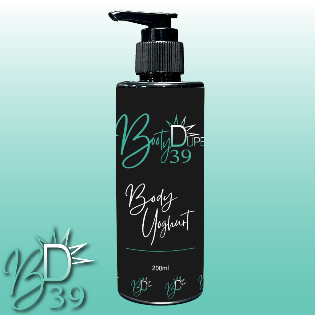 A 200ml bottle of BOOTY DUPE Body Yoghurt features a convenient pump dispenser and a striking black label adorned with green and white text, set against a captivating gradient from green to white. The prominent logo and product name embody the essence of summer fragrance, perfect for nourishing your skin.