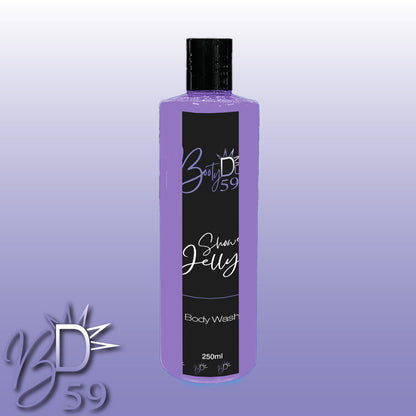 A lavender-colored bottle of BOOTY DUPE Shower Jelly Body Wash, with a black cap and black label featuring white text. The product size is 250ml. The bottle is set against a gradient background transitioning from light to dark lavender.