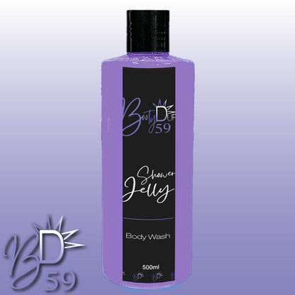 A bottle of "Shower Jelly Body Wash" by BOOTY DUPE, featuring the text "Body Wash" on the front. The purple bottle with a black cap and label holds 500ml. The background gradient fades from purple to white, matching the bottle color perfectly. This nourishing body cleanser also displays its logo prominently.