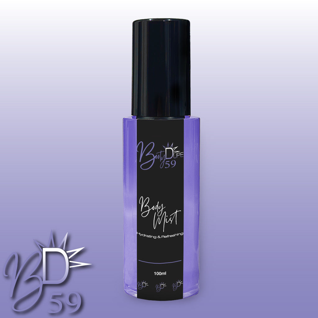 A 100ml bottle of BOOTY DUPE "Hydrating Body Mist" labeled as "BD59 Body Mist" offers a hydrating mist that is both refreshing and invigorating. The design features a gradient background transitioning from white at the top to purple at the bottom, with the "BD59" logo displayed on both the label and the bottom left corner.