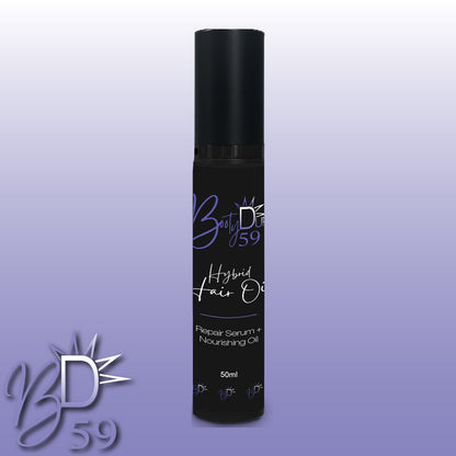 A black cylindrical bottle labeled "BOOTY DUPE Hybrid Hair Oil" stands against a gradient background transitioning from light purple at the top to dark purple at the bottom. The bottle has a black cap and text indicating it contains 50ml of nourishing oil and repair serum.