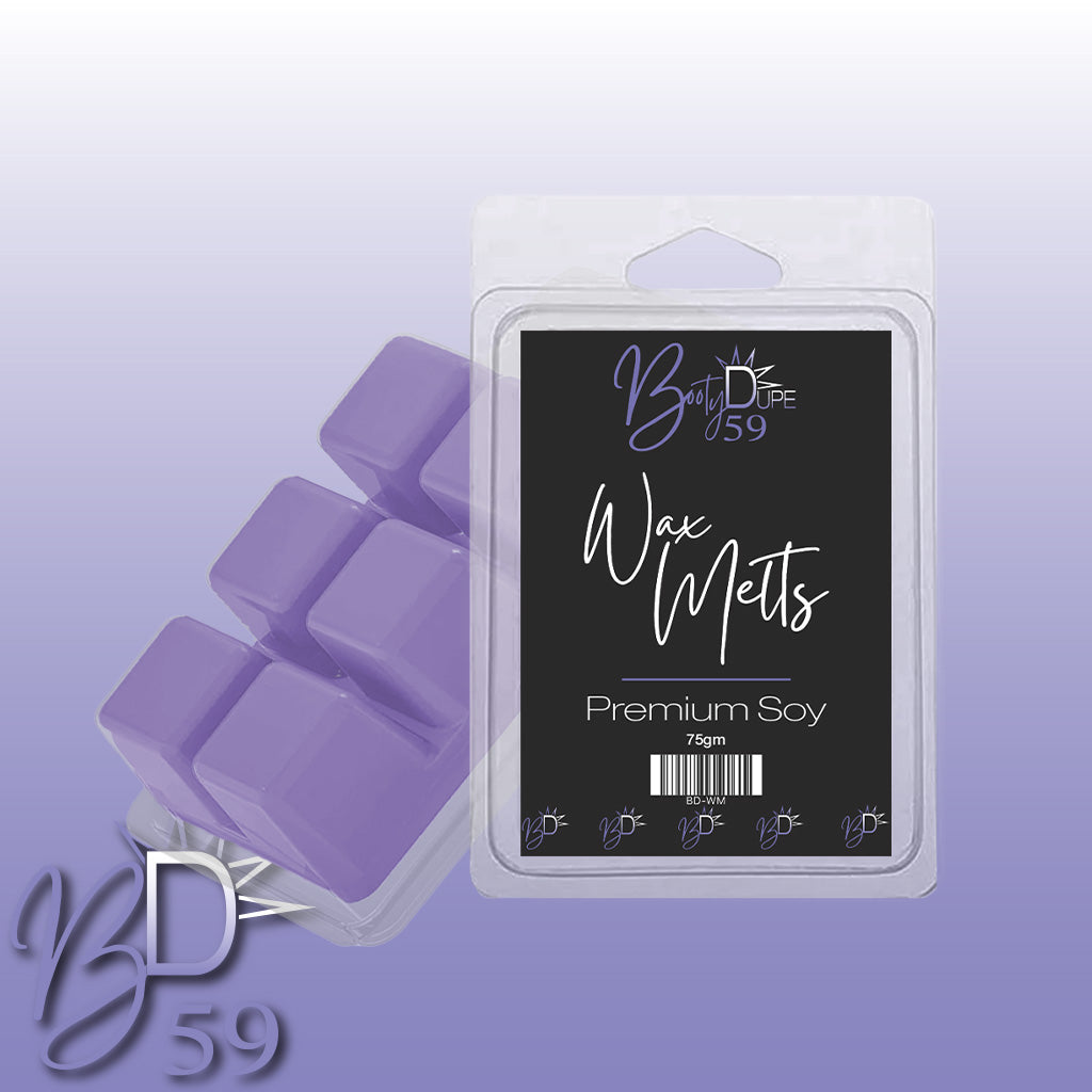 The package of Soy Wax Melts includes purple blocks and a black label with the text "Booty Dupe Wax Melts" and "Premium Soy." The brand logo, "BD 59," stands out against a gradient background, guaranteeing highly scented wax melts with captivating fragrances.