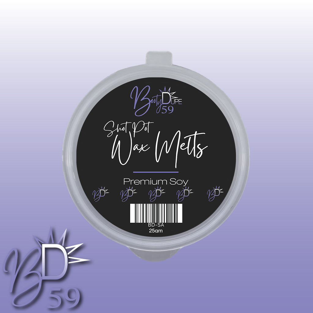 A round container of highly scented wax melts features a dark label with the text "Soy Wax Melts" and "Premium Soy." The brand logo, "BOOTY DUPE," stands out prominently. The background transitions in a captivating gradient from light purple to white.