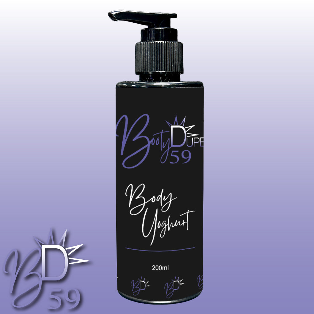 A black bottle equipped with a pump, labeled "Body Yoghurt" from BOOTY DUPE, exudes a hydrating summer fragrance. The backdrop transitions from light to dark purple in a gradient pattern. In the bottom left corner, the logo "BD 59" is prominently displayed. This nourishing moisturizer comes in a 200ml size.