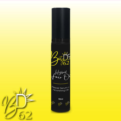 A black bottle of "Hybrid Hair Oil" by BOOTY DUPE with a yellow and white logo and text on a gradient yellow background. The bottle is labeled "Repair Serum + Nourishing Oil" and "50ml." The "BOOTY DUPE" logo appears again enlarged and partially transparent at the bottom left.