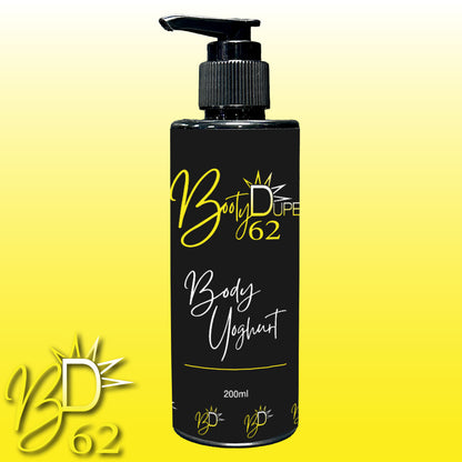 The "Body Yoghurt" by BOOTY DUPE 62 comes in a black and yellow bottle with a pump dispenser. It features a nourishing moisturizer ideal for a summer fragrance. The logo "BD62" is displayed in the bottom left corner on a gradient yellow background.