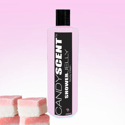 A bottle of CANDYSCENT™ Shower Jelly Body Wash, featuring a 250ml capacity, is showcased. The container is pink with a black label and promises a luxurious shower experience. In the foreground, three pink and white jelly cubes are visible. The background displays a gradient of light pink to white.