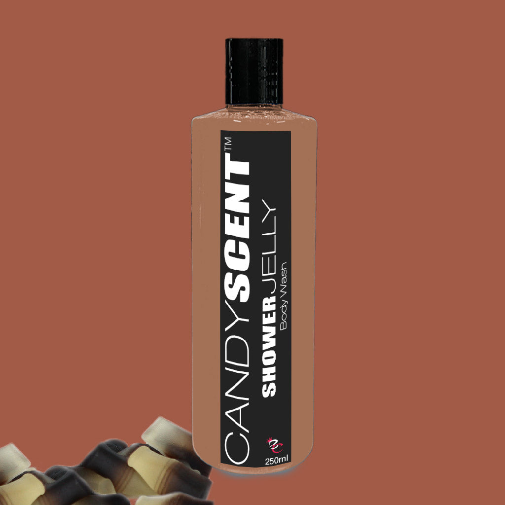 A 250 ml bottle of CANDYSCENT™ Shower Jelly Body Wash is centered against a brown background. The rectangular bottle features a black flip-top cap and a label reading "Candy Scent Moisturising Shower Jelly Body Wash" in white and black text.