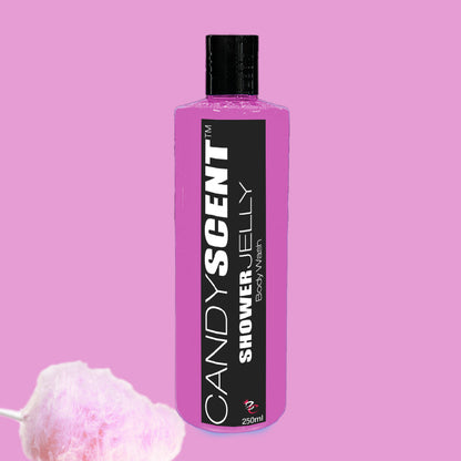 A 250ml bottle of CANDYSCENT™ Shower Jelly Body Wash, featuring a purple label and black cap, is set against a light purple background with a pink cotton candy puff in the bottom left corner. Indulge in this luxurious shower experience for a truly nourishing body cleanser.