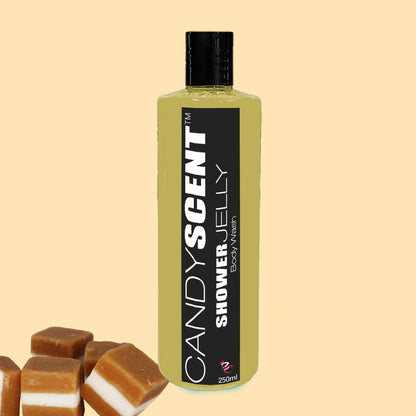 A bottle labeled "CANDYSCENT™ Shower Jelly Body Wash" stands upright. The transparent container, filled with yellowish liquid and topped with a black cap, promises a luxurious shower experience. Caramel and white layered candies adorn the bottom left corner against a light beige background.