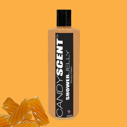 A 250ml bottle of CANDYSCENT™ Shower Jelly Body Wash features a black cap and label highlighting the brand and product name. Promising a moisturizing wash, it enhances your luxurious shower experience. The bottle showcases jelly-like pieces at the bottom left against an orange background.