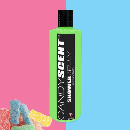 A vibrant green, 250ml bottle of CANDYSCENT™ Shower Jelly Body Wash is displayed. The background features a vertical split of pink and blue hues. Scattered gummy candy pieces adorn the bottom left corner of the image, highlighting a promise of a luxurious shower experience with this nourishing cleanser.