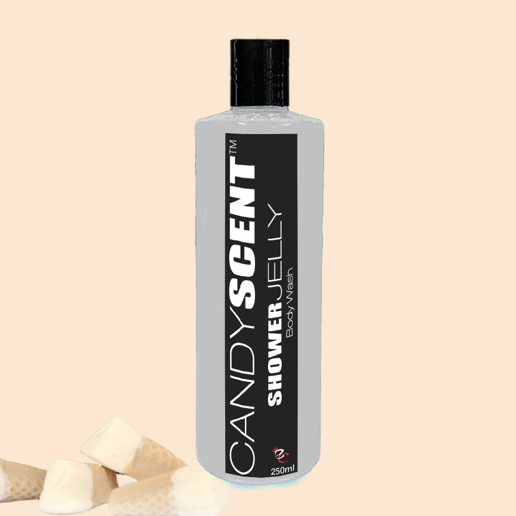 A cylindrical bottle with a black and white label featuring the words "CANDYSCENT™ Shower Jelly Body Wash" promises a nourishing body cleanser. The bottle is topped with a black cap, and the label contrasts against a beige background. Ice cream cones are depicted in the bottom left corner, suggesting an indulgent shower experience.