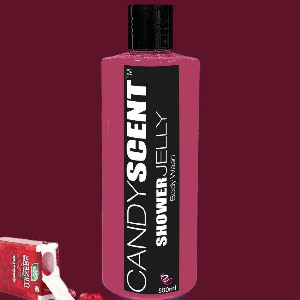 A 500ml bottle of CANDYSCENT™ Shower Jelly Body Wash, featuring a black cap and label, positioned against a dark burgundy background. An open container with red jelly and some red jelly pieces are visible at the bottom left corner.