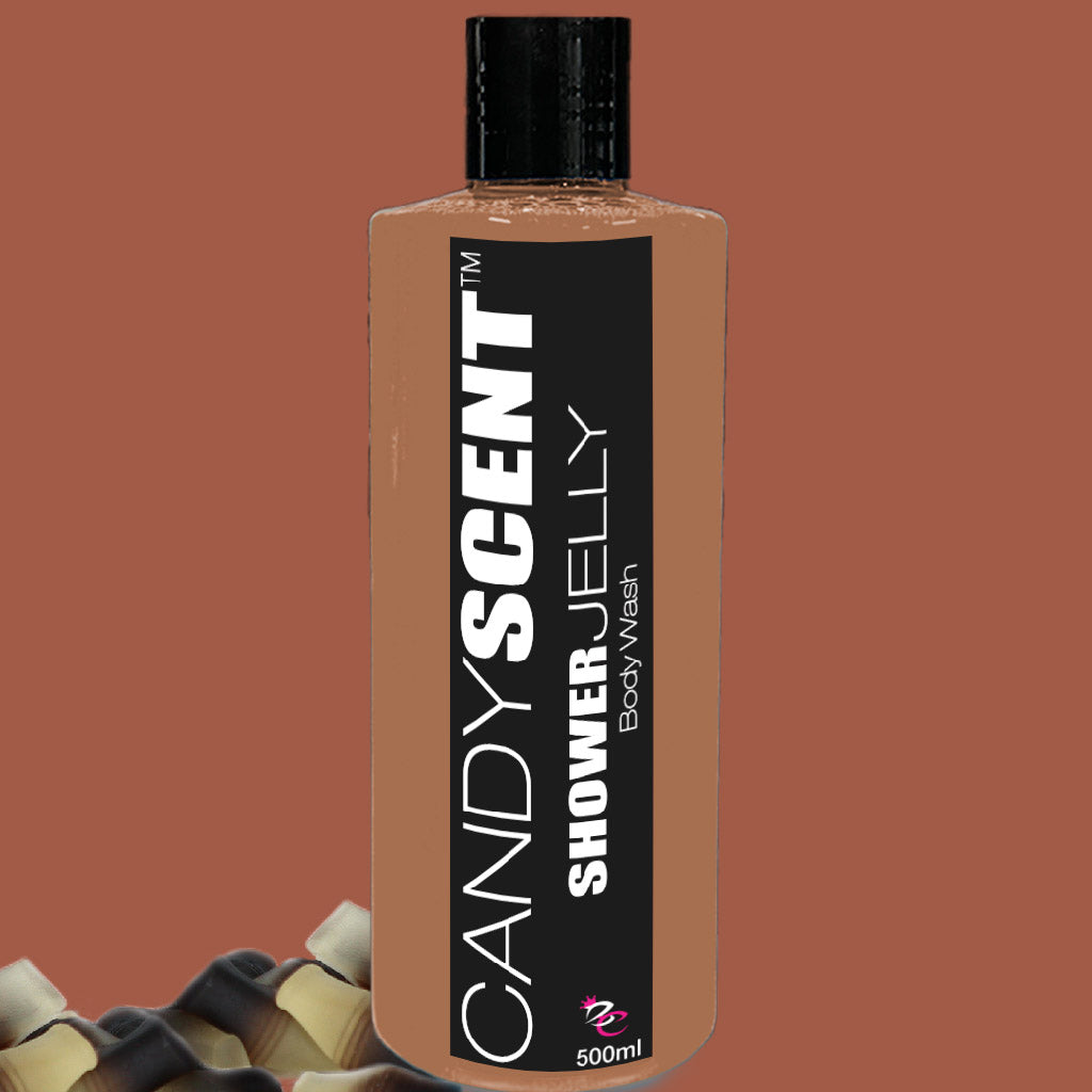 A bottle of CANDYSCENT™ Shower Jelly Body Wash is displayed against a brown background. The transparent bottle reveals an orange-colored gel inside, and the label features bold white and black text. Multiple similar bottles are partially visible at the bottom of the image.