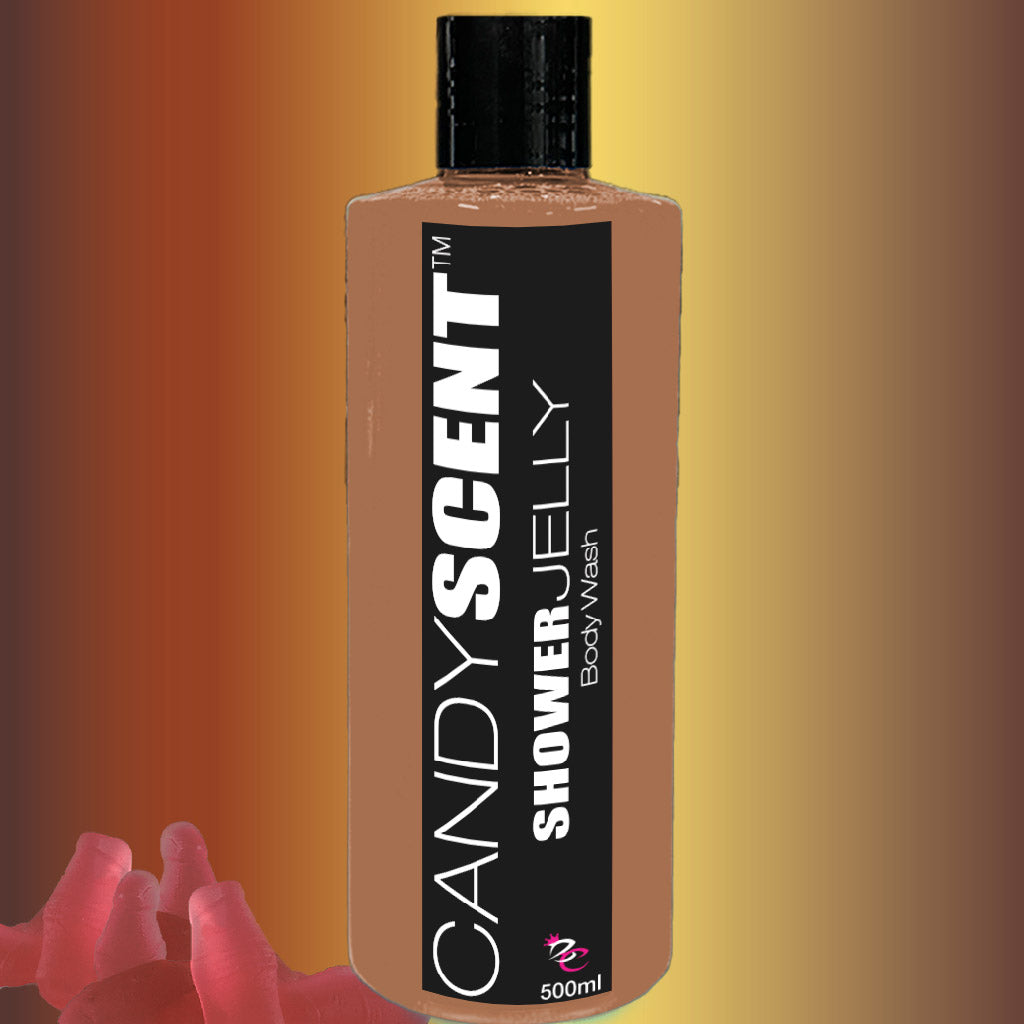 A brown bottle of Shower Jelly Body Wash labeled "CANDYSCENT™ Moisturising Body Wash" against a gradient background ranging from yellow to deep brown. The bottle features a black cap and black label with white text, indicating a 500ml capacity at the bottom.