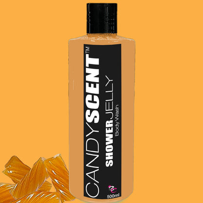 A 500ml bottle of CANDYSCENT™ Shower Jelly Body Wash is displayed against an orange background. Its amber-colored liquid is visible through the bottle. Beside it, there are a few jelly pieces in a similar orange color.