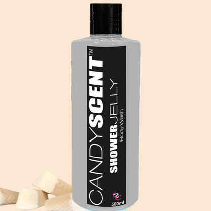 A 500ml bottle of CANDYSCENT™ Shower Jelly Body Wash featuring a black label with white and pink text and a black cap. The bottle is showcased against a beige background with three small white candies.