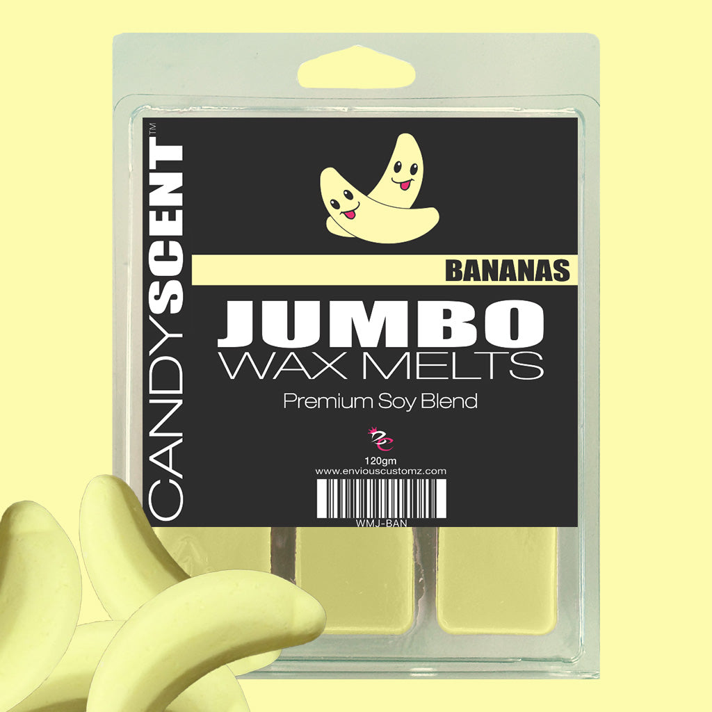 Image of the "Jumbo Wax Melts" product package, showcasing a "Bananas" scent. The packaging features a black background with the CANDYSCENT™ brand name and an illustration of two smiling bananas. Highly scented wax melts are partially visible outside the package.