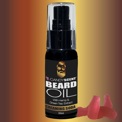 A 50ml bottle of CANDYSCENT™ Beard Oil, infused with hemp and green tea extract to promote optimal beard health. The label showcases a bearded face wearing glasses, and the distinctive "Creaming Soda" scent is accentuated by four red gummy candies shaped like thumbs in the bottom corner. An excellent addition to your grooming essentials.