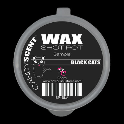 The discontinued CANDYSCENT™ wax melts, officially known as the "CANDYSCENT™'S Wax Melts - Sample - Black Cats," come with a whimsical cartoon cat design on a black background accompanied by a barcode. Ideal for home fragrance, these melts weigh 25 grams.