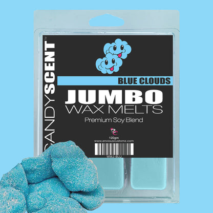 A package of CANDYSCENT™ Jumbo Wax Melts in the "Blue Clouds" scent features light blue packaging adorned with a duo of smiling blue cartoon clouds. The highly scented wax melts inside are made from a premium soy blend and have a blue hue. A few chunks of blue wax visible outside the package hint at their long-lasting aroma.