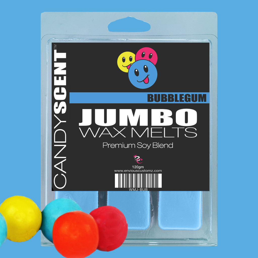 The image shows a package of CANDYSCENT™ Jumbo Wax Melts in the bubblegum scent. The clear packaging reveals the light blue, highly scented wax melts inside, promising a long-lasting aroma. The background is blue, with colorful gumballs (yellow, green, blue, red) at the bottom.