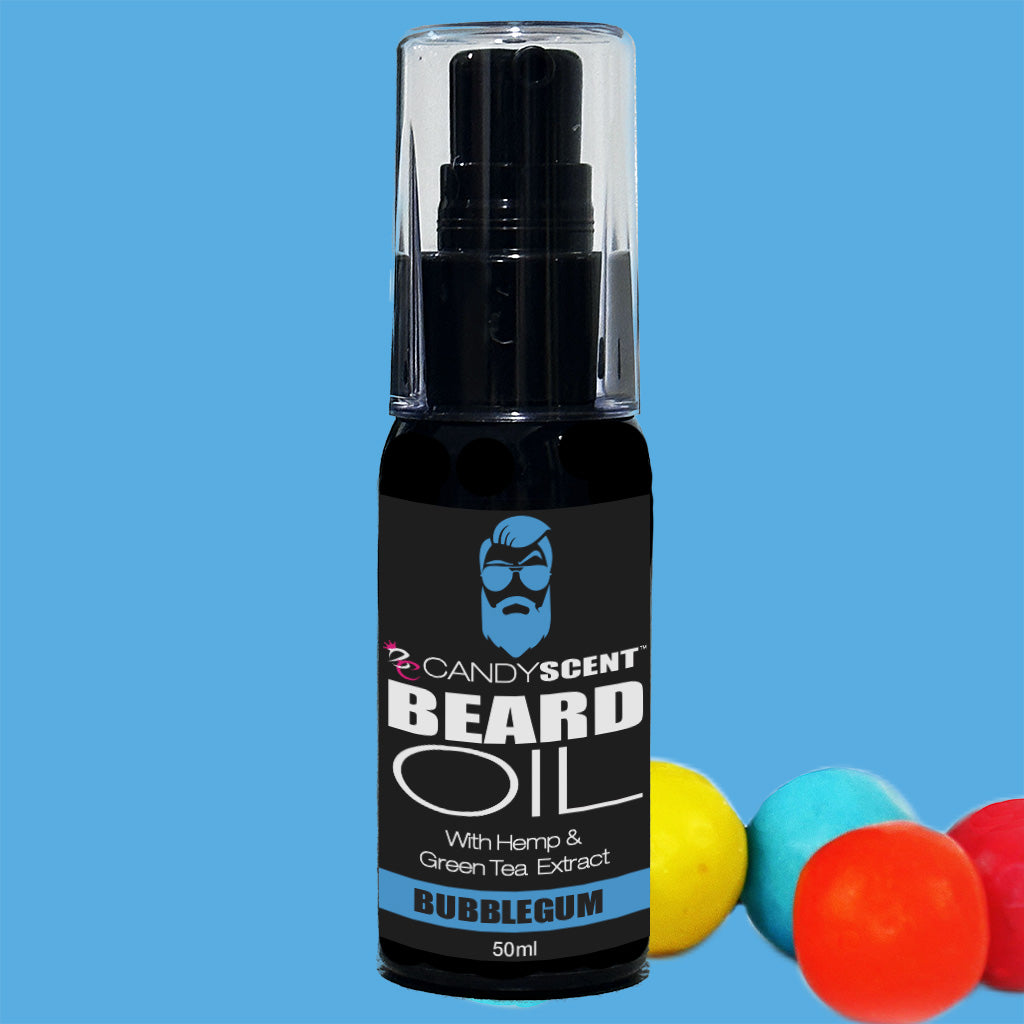 A 50ml bottle of CANDYSCENT™ Beard Oil, featuring a delightful bubblegum scent with hemp and green tea extract. The product is presented in a sleek black bottle with a transparent cap and a blue label showcasing a bearded face graphic, enhanced by vibrant gumballs against a blue background—an ideal choice for beard health and grooming needs.