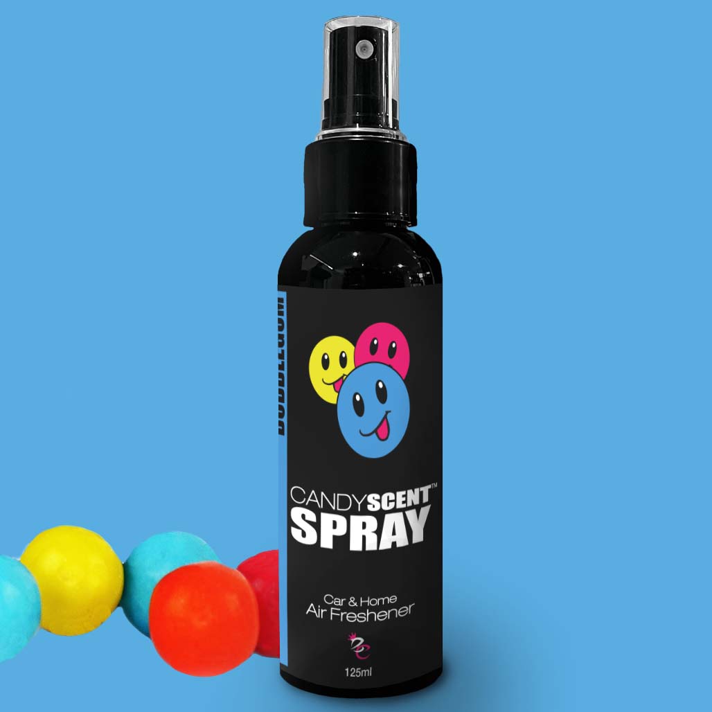 A 125ml black bottle of CANDYSCENT™ Car & Home Scent Sprays with a spray nozzle, adorned with colorful happy face icons on the label. Designed to eliminate odours and provide a long-lasting fragrance for both cars and homes, this bottle features a blue background with colorful spheres in the foreground.