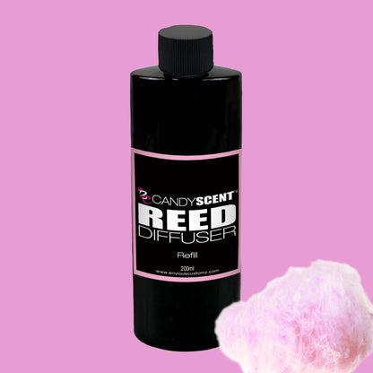 A 200ml black bottle of CANDYSCENT™ Reed Diffusers & Refills is set against a pink background. The label combines pink, white, and black hues. In the bottom right corner, a small amount of pink cotton candy is present. Enjoy an Australian-made, long-lasting fragrance with our premium reed diffusers.