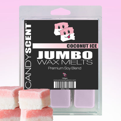 Image of a package of CANDYSCENT™ Jumbo Wax Melts in the "Coconut Ice" scent. The predominantly black package with white and pink accents displays cartoon candies. Three highly scented wax melt pieces are shown outside the package, promising a long-lasting aroma.