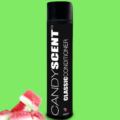 A black bottle labeled "CANDYSCENT™ Classic Shampoo & Conditioner Bundle" stands against a bright green background. The bottle has white bold text. At the bottom left corner, there are pink and white candy pieces. The volume of the bottle is 300ml.