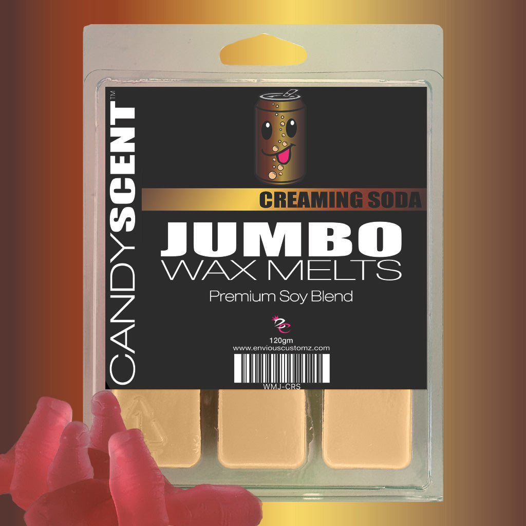 Image shows the packaging for CANDYSCENT™ Jumbo Wax Melts. The scent is labeled "Creaming Soda." The predominantly black packaging features a cartoon soda can on top. Inside, the highly scented wax melts are a light beige color, accompanied by red candy-shaped items in front, promising a long-lasting aroma.