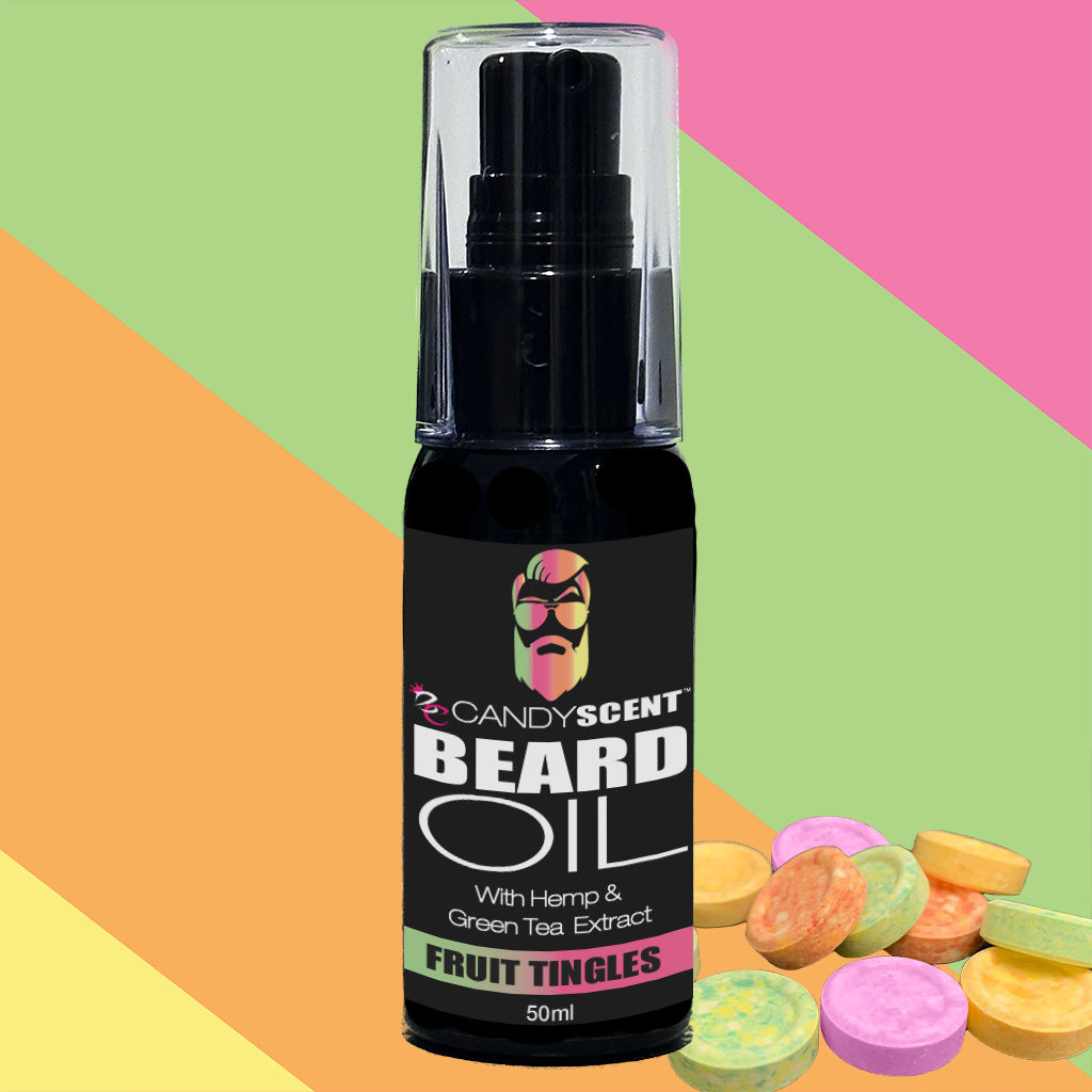 A 50ml bottle of CANDYSCENT™ Beard Oil with hemp and green tea extract in the "Fruit Tingles" scent. Perfect for beard health, this grooming essential features a clear cap and colorful candy-like discs. The background is decorated with diagonal stripes in shades of green, yellow, orange, and pink.