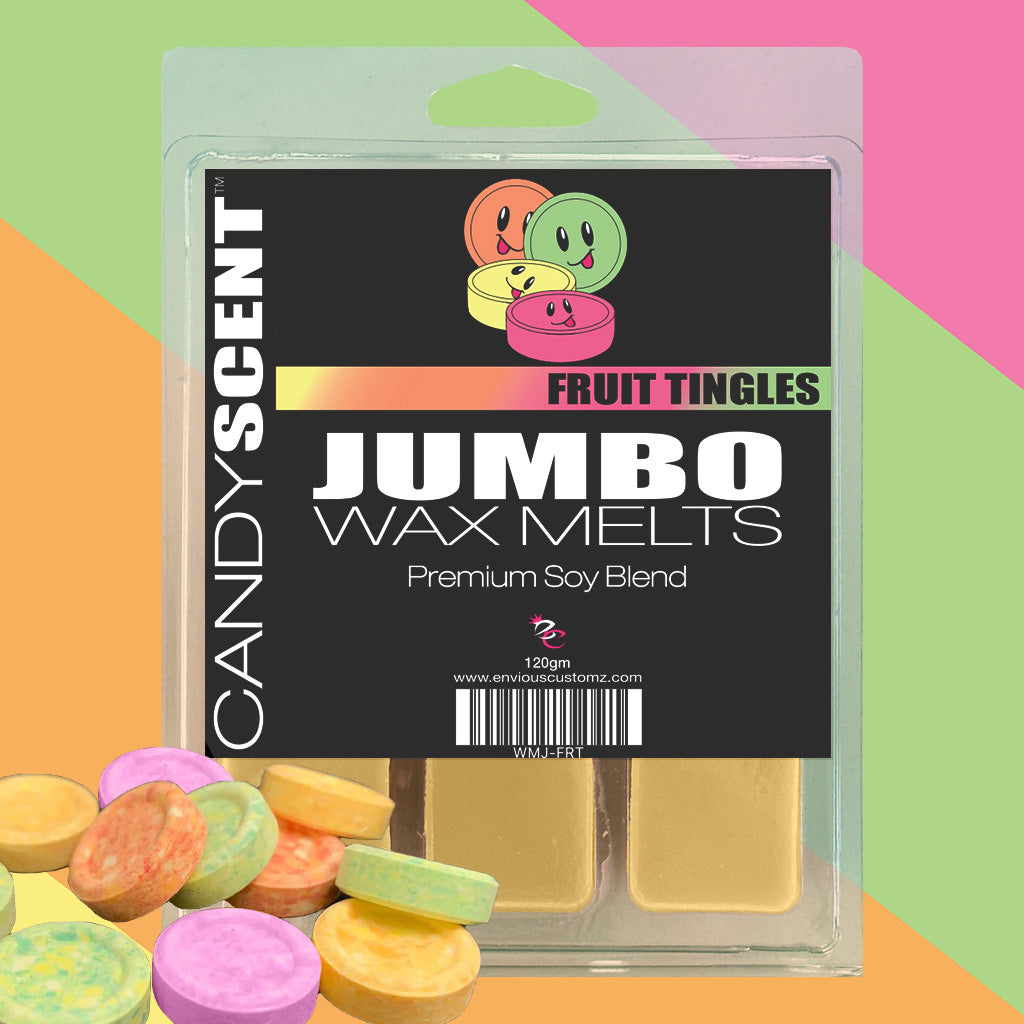 Image of a product package for "CANDYSCENT™ Jumbo Wax Melts" from "enviliciousumz." It's labeled "Fruit Tingles" and contains a "Premium Soy Blend." The package showcases three emoji-like fruit characters with colorful, highly scented round wax melts next to the product.