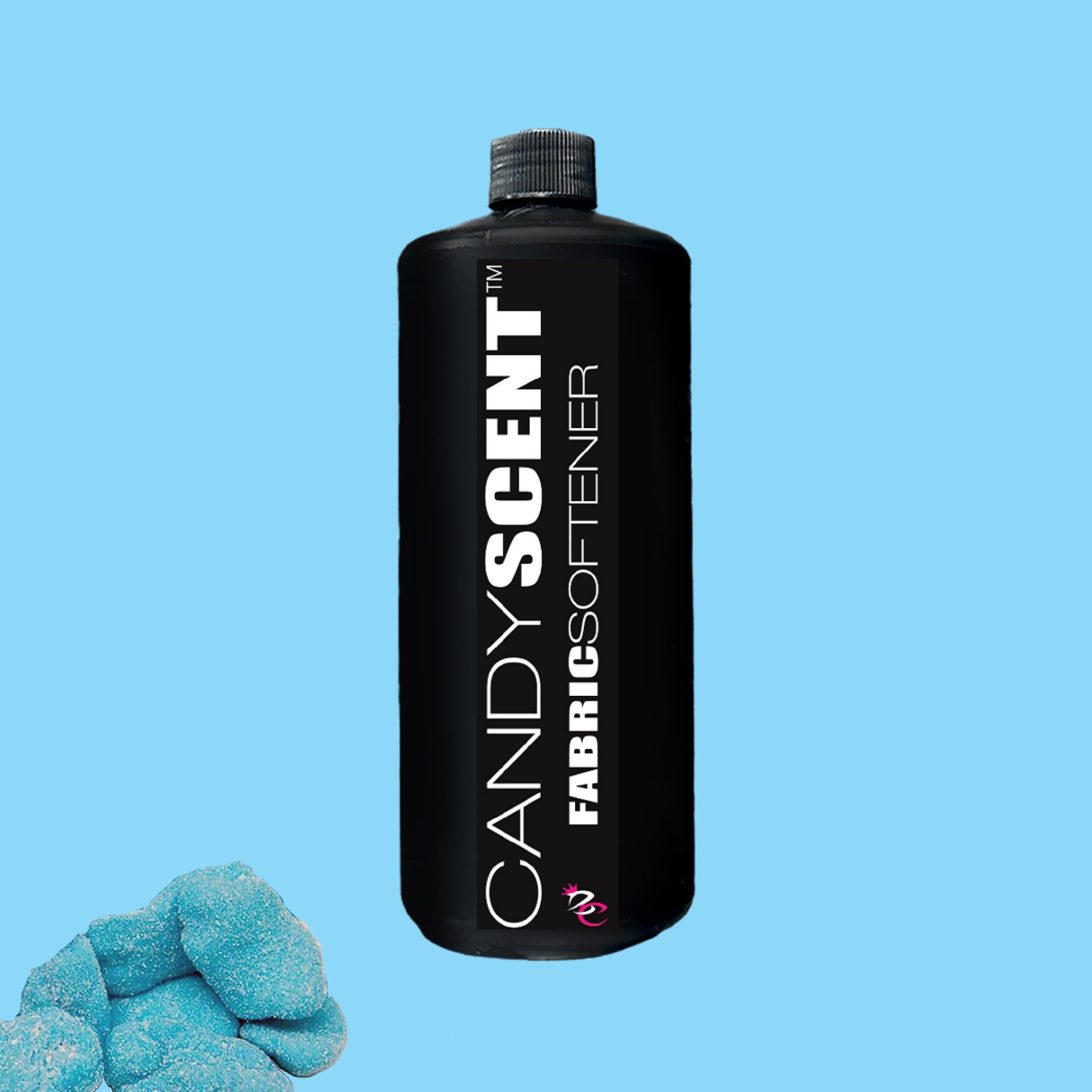 A sleek black bottle labeled "Fabric Softener" by CANDYSCENT™ stands against a blue background, with blue candy-like pieces in the bottom left. Enjoy wrinkle-free freshness that delights while maintaining static-free fabrics.