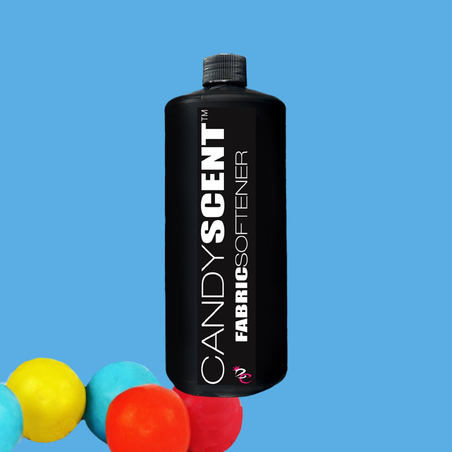 A black bottle labeled "CANDYSCENT™ Fabric Softener" stands against a blue background, promising a static-free experience. Colorful, spherical objects in yellow, red, and blue adorn the bottom left corner.