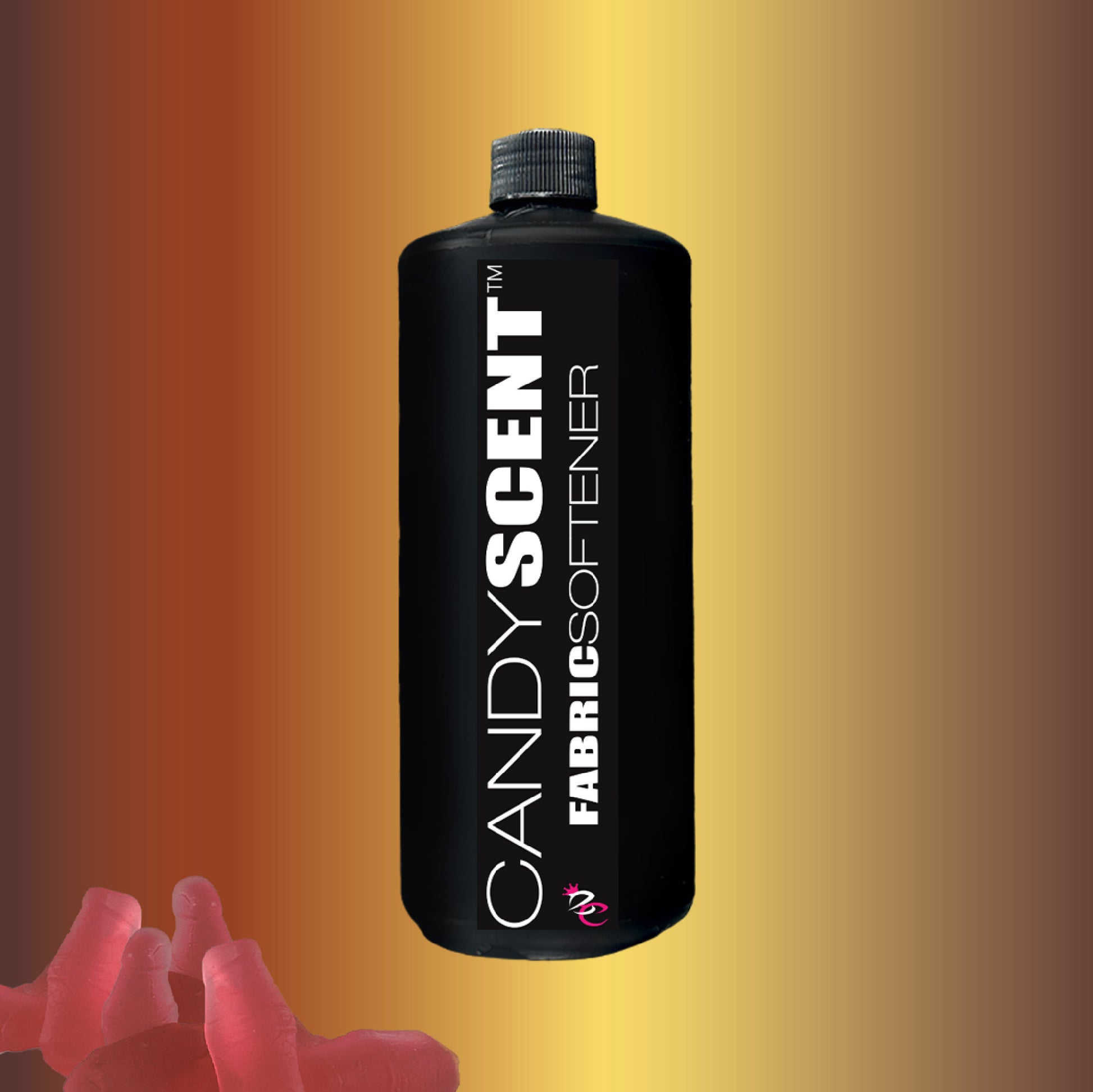 A black bottle labeled "Fabric Softener" by CANDYSCENT™ is centered on a gradient background of orange, yellow, and brown, with pink gummy candies visible in the bottom left corner. Embrace a wrinkle-free experience with this delightful fabric softener.